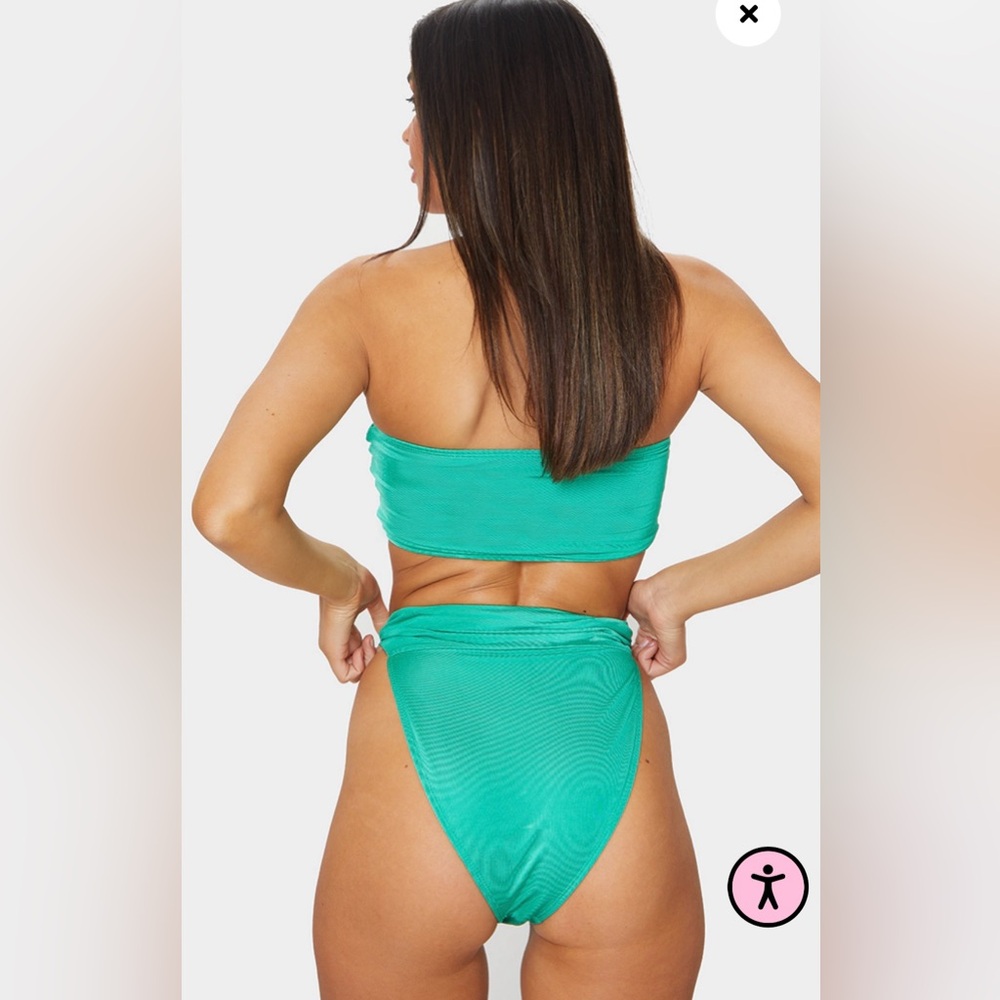 PrettyLittleThing | GREEN HAMMERED TRIM HIGH WAIST BIKINI BOTTOMS NWT US 14 - Picture 7 of 13